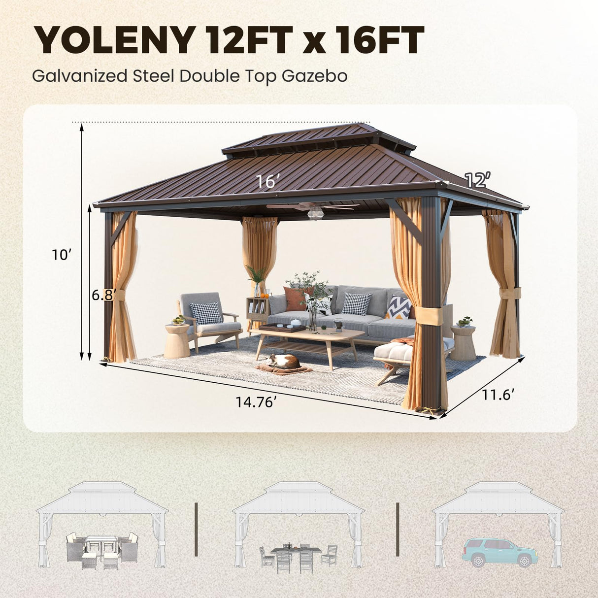 YOLENY 12' x 16' Gazebo Hardtop with Aluminum Frame,Galvanized Steel Double Roof Gazebos with Curtain and Netting,Outdoor Metal Pergolas for Garden, Lawn, Deck, Brown YOLENY