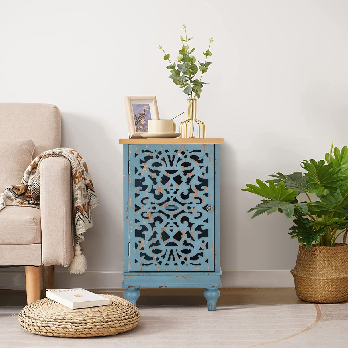PHI VILLA Small Accent Storage Cabinet with Single Door - Decorative Nightstand for Living Room Bedroom, End Side Table Cabinet Blue PHI VILLA