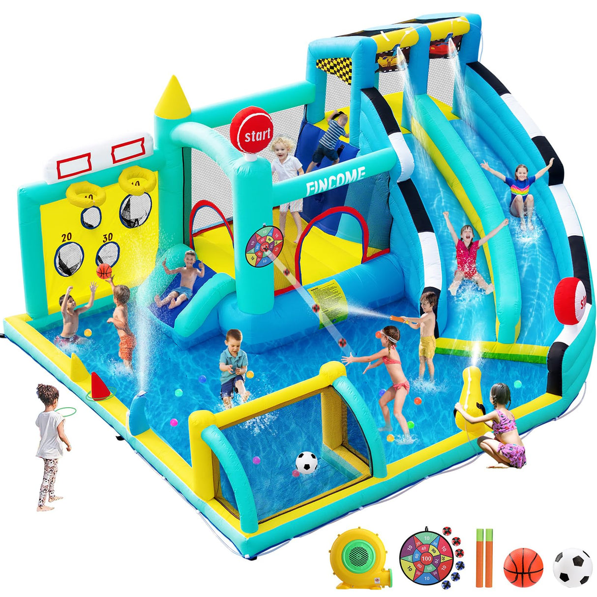 FINCOME Bounce House Double Slides for Kids 3-12, Large Bounce Castle with Air Blower 550W, Pool, Jumping, Climbing, Balls, Ring Toss, Inflatable Water Park for Birthday Party Holiday Outdoor Indoor FINCOME