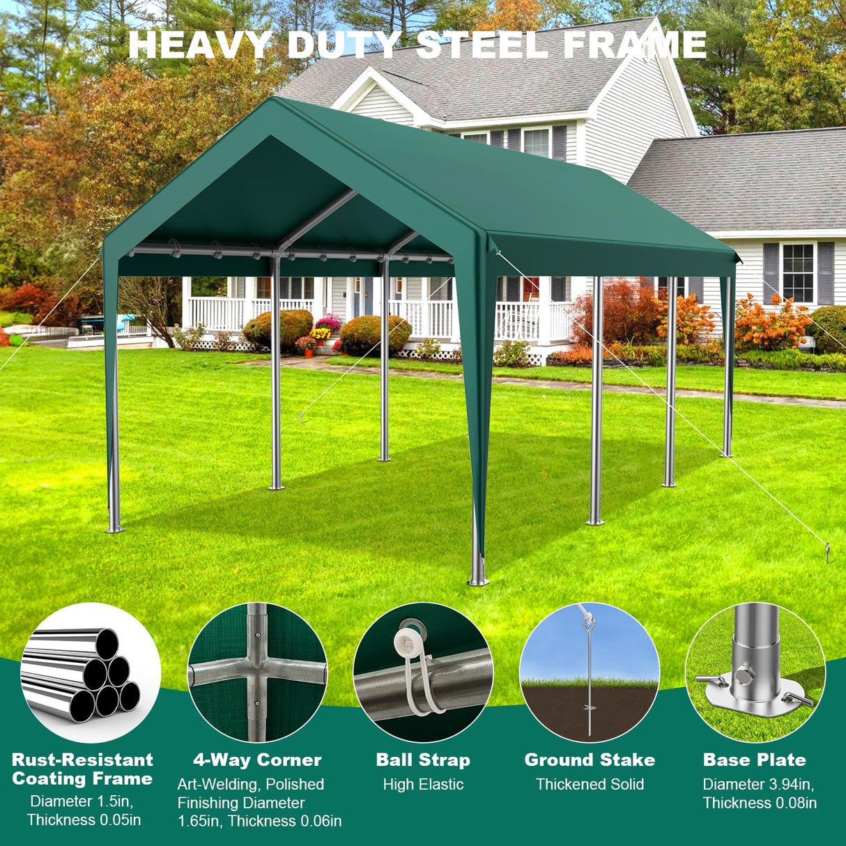 Raxmolo 12x20FT Heavy Duty Carport, Portable Car Canopy Garage Boat Shelter Party Tent, UV Resistant Waterproof Carport Canopy with Four Wind-Resistant Ropes (Green) Raxmolo