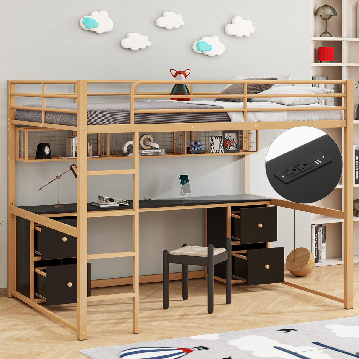 Full Size Loft Bed with Desk and Storage Drawers, Metal Loft Bed with Bookcase and Charging Station, Full Size Loft Bed Frame with Guardrail, Full Loft Bed for Kids, Gold Black Loft Bed Full Bellemave
