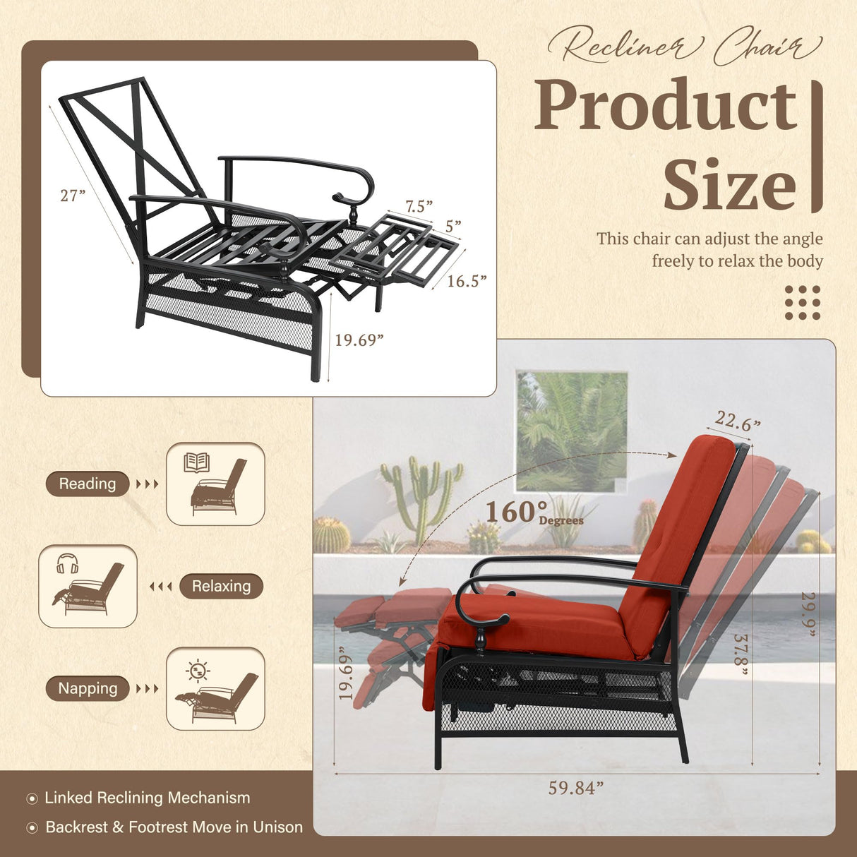 Oakcloud Adjustable Outdoor Lounge Chair Metal Patio Relaxing Recliner Chair with Removable Cushions(Red) Oakcloud