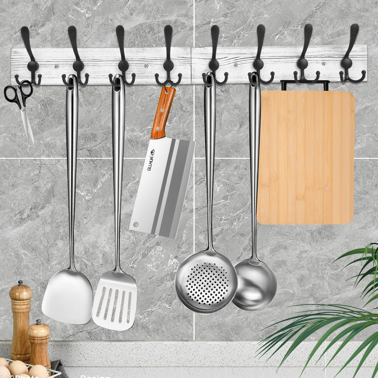 IBosins Wall Mounted Coat Rack, 31-2/5'' Long, Entryway Hanging Coat Rack, Metal Wood Coat Rack with 8 Black Rustic Tri-Hooks Rail for Coat, Bag, Towel, Key, Hat, Umbrella IBosins