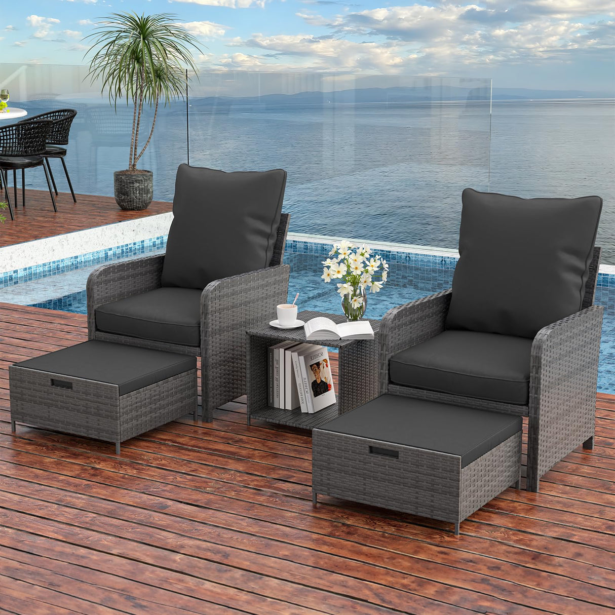 UDPATIO Wicker Patio Chairs with Ottoman Balcony Furniture 5 Pieces Patio Conversation Set with Pull Out Ottoman for Small Space UDPATIO