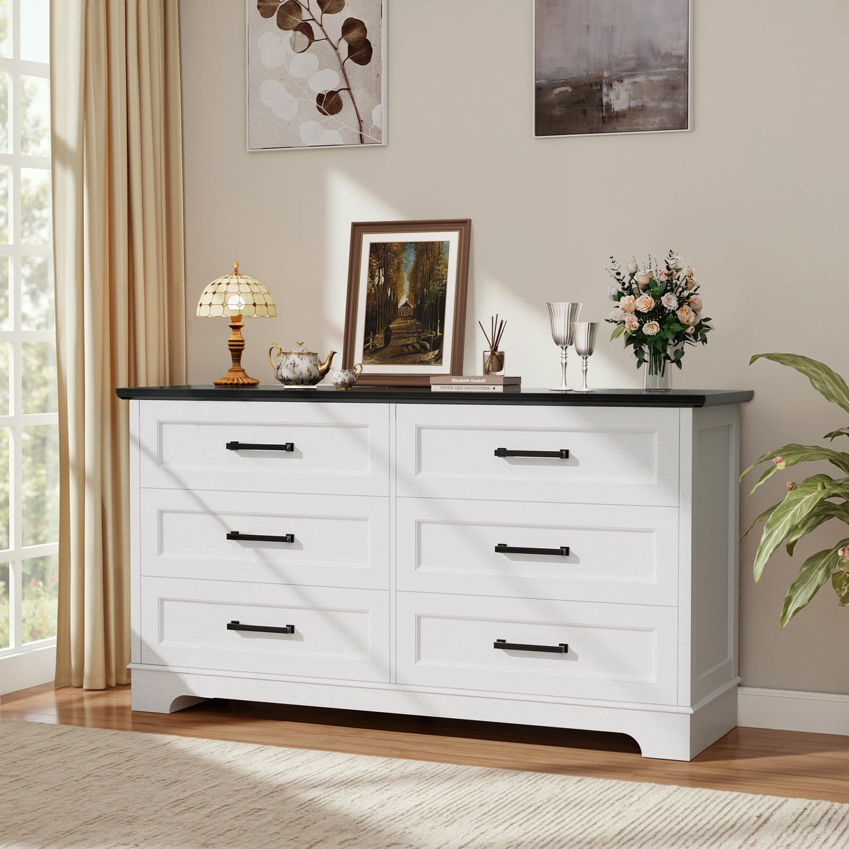 YESHOMY Dresser for Bedroom, Farmhouse 6 Drawers Dresser, Chest of Drawer Chest, Multi-Tier Clothing Storage Cabinet, White and Brown YESHOMY