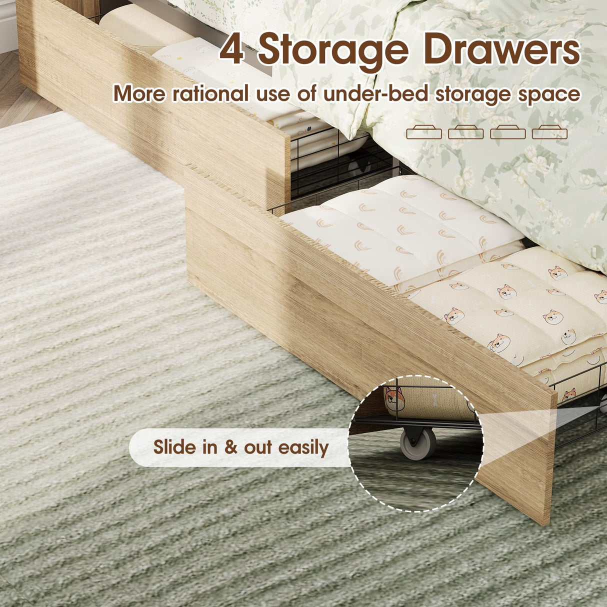 Maupvit Twin Size Boho Bed Frame with Rattan Hidden Storage Headboard, LED Light and 4 Drawers, Charging Station, Metal Platform Bed, No Box Spring Needed,Brown Maupvit