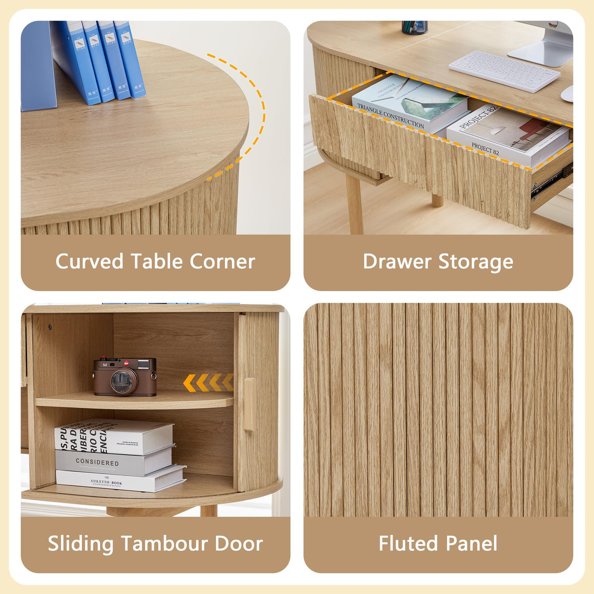 Home Office Oval Desk with Sliding Tambour Door and Drawer, Modern Fluted Wood Executive Computer Storage Desk for Study, Living Room, Bedroom, Office - Natural ORRD