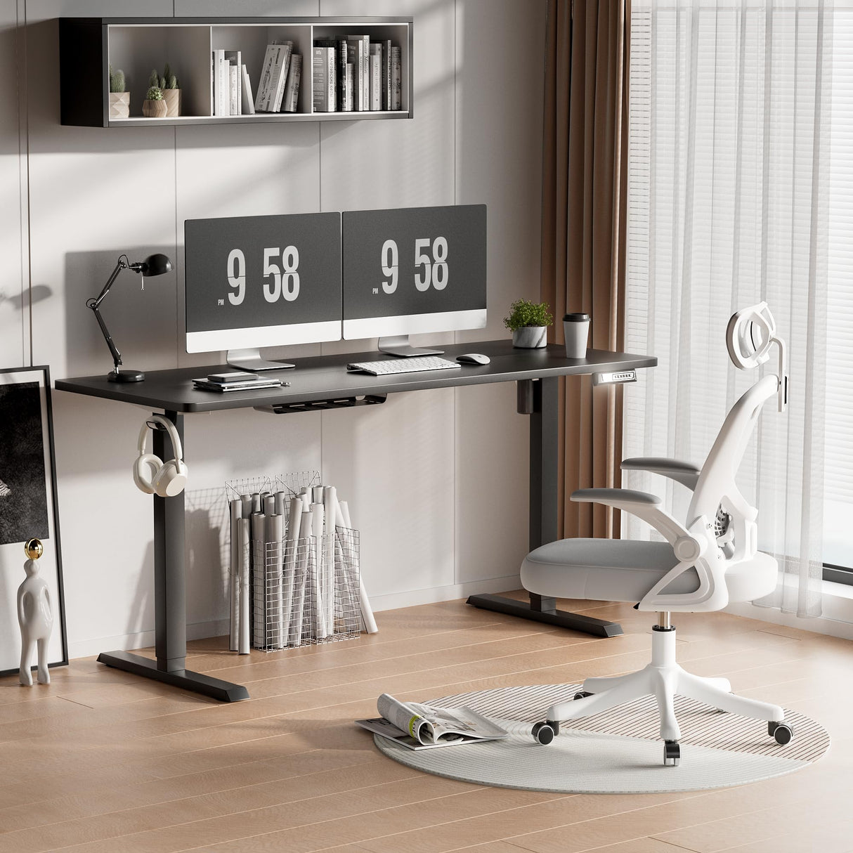 Furmax Electric Standing Desk, 59 x 24 Inches Height Adjustable Desk with Wheels, Home Office Computer Desk with Management Box (Carbon Black) Furmax