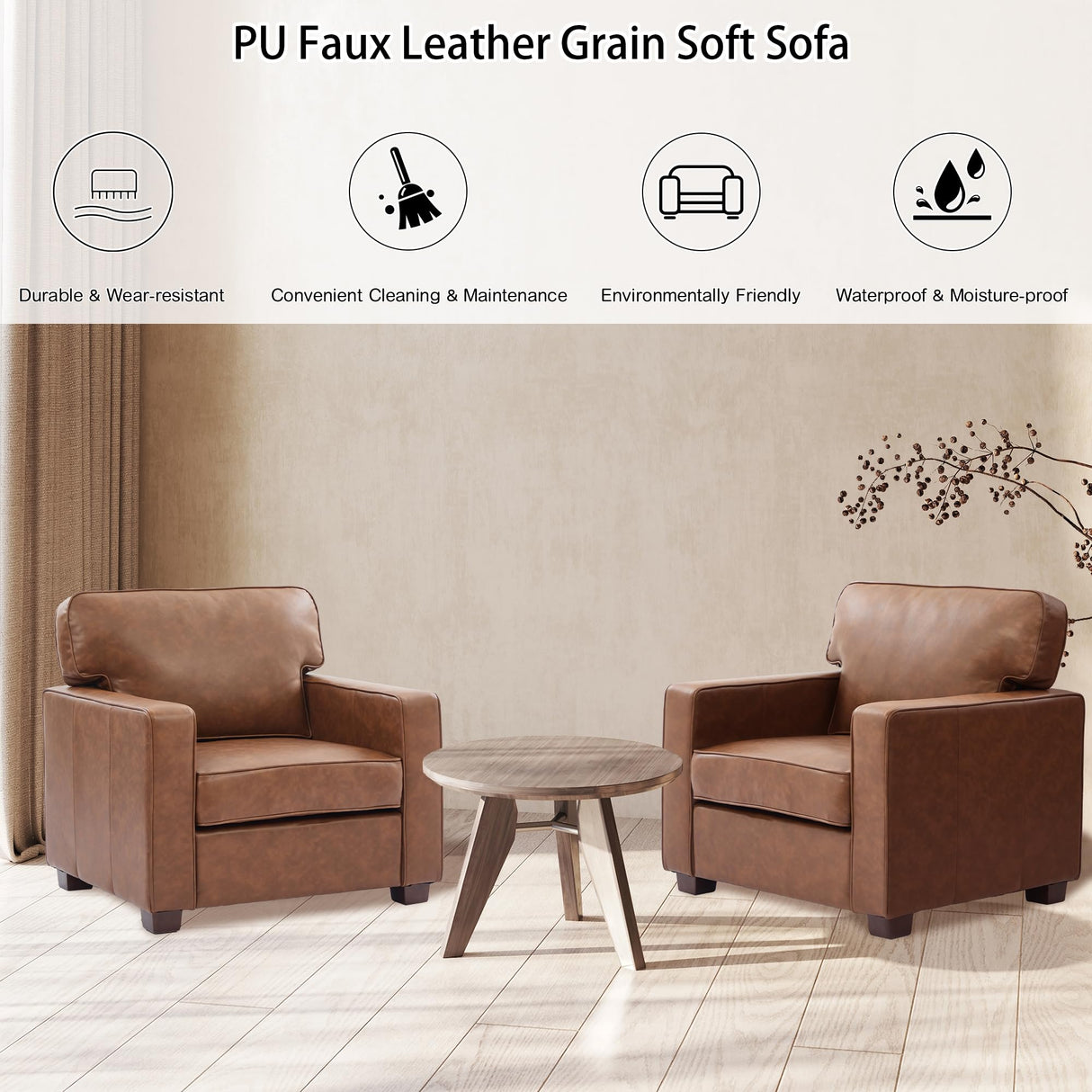 HXZDZ 66" PU Faux Leather Couch, Mid-Century Modern Loveseat Sofa with Solid Wood Legs for Living Room, Bedroom, Office, Brown HXZDZ