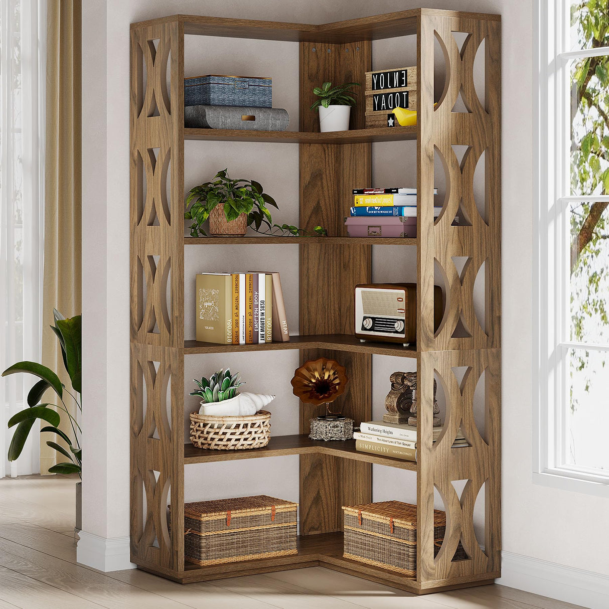 Tribesigns Rustic 5-Tier L Shaped Corner Bookshelf - 66-Inch Tall Storage Organizer for Living Room or Bedroom Tribesigns