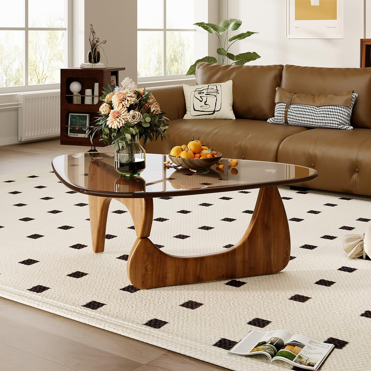 CAJCA Coffee Table for Living Room Mid Century Modern Center Table with Glass Top and Wood, Brown/Walnut