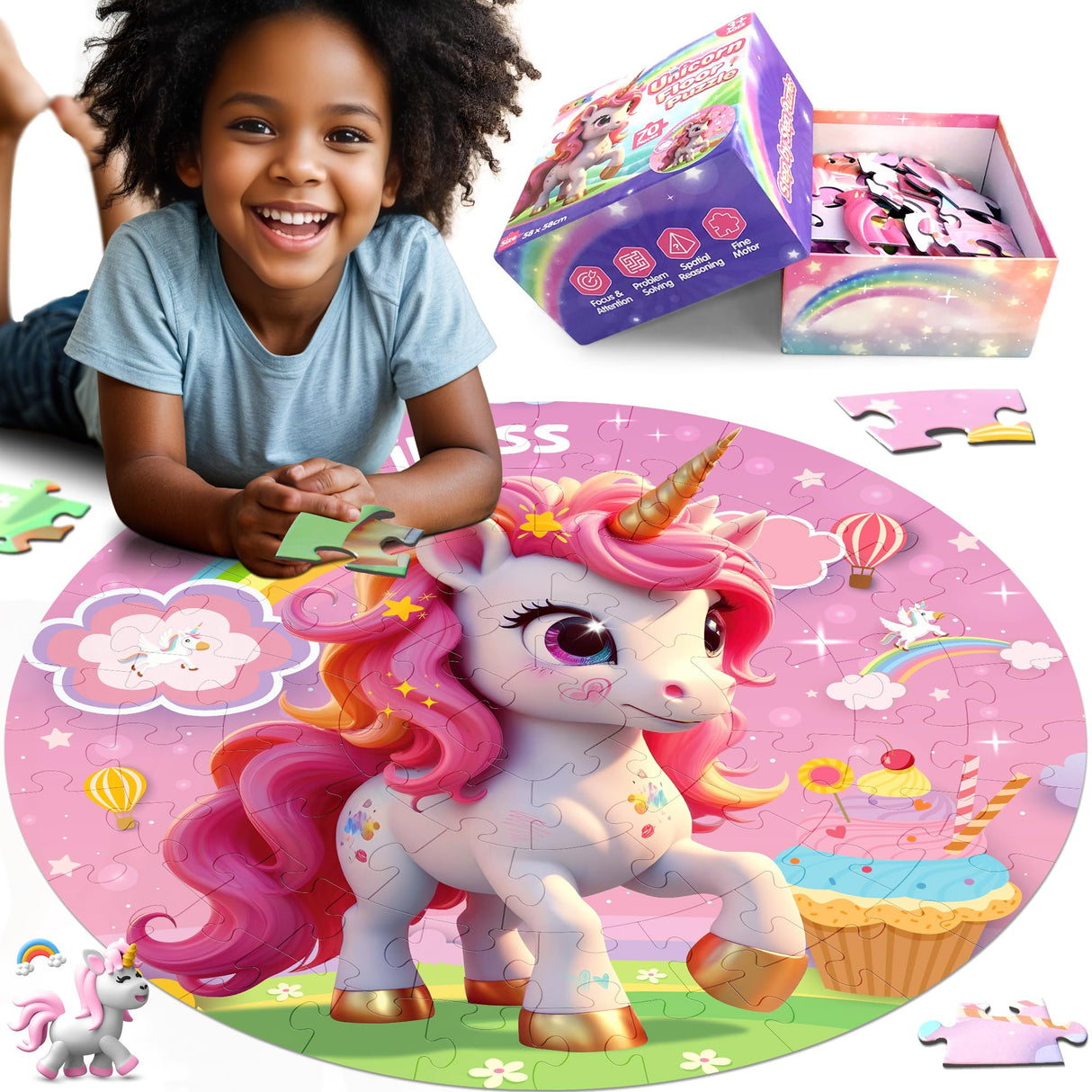 ZIZZ Unicorn Toy for Girls Kids - Best 70 Pieces Unicorn Floor Puzzle for Kids Age 3 4 5 6 7 8 Years Old Girls Learning & Educational Games Toys Toddlers Gifts for Birthday Christmas Party Activity ZIZZ