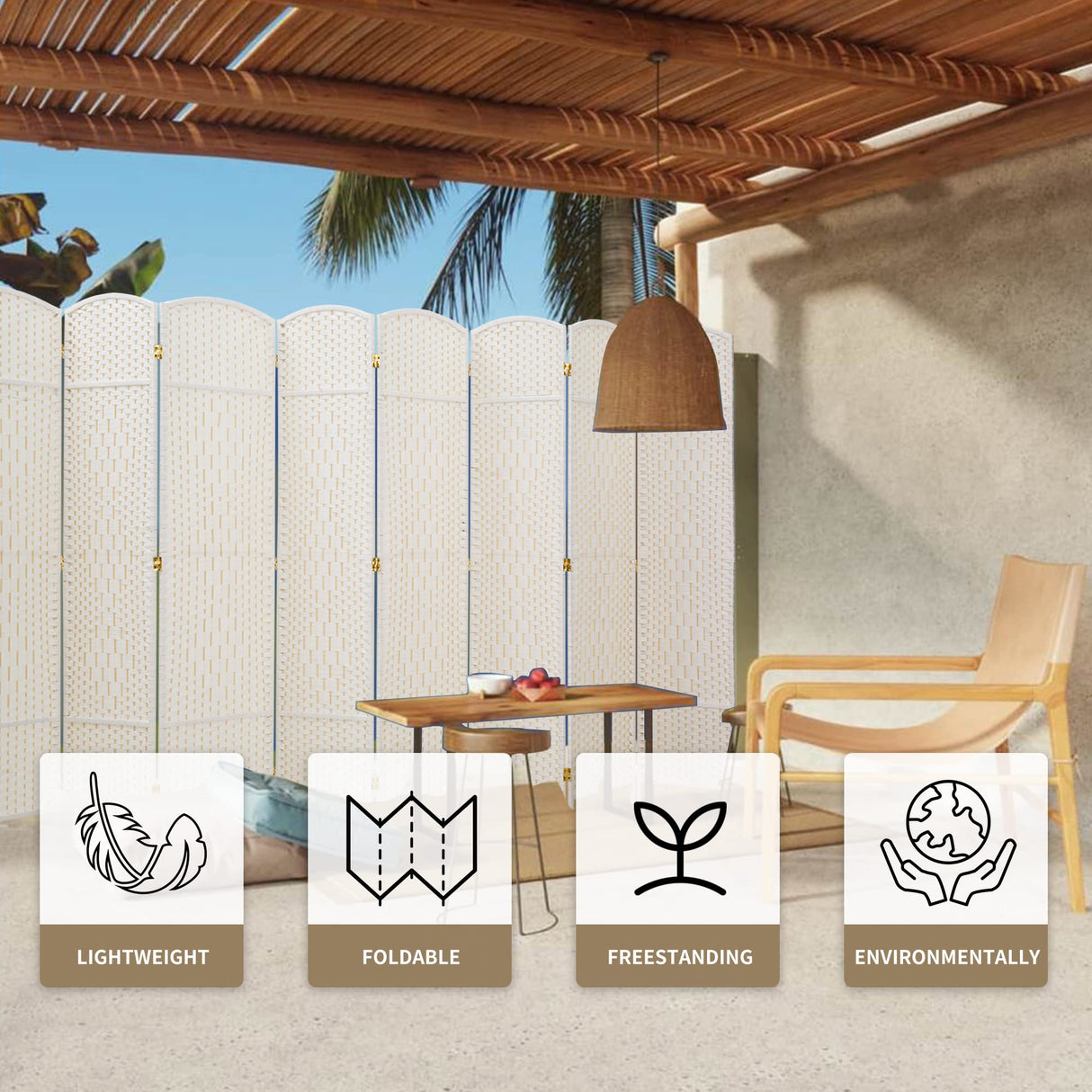 Duraspace 8 Panels Room Divider 6 FT Tall Weave Fiber Privacy Screen Freestanding Double Hinged Folding Screen Extra Wide Room Dividers for Patio Privacy (Off White) DURASPACE