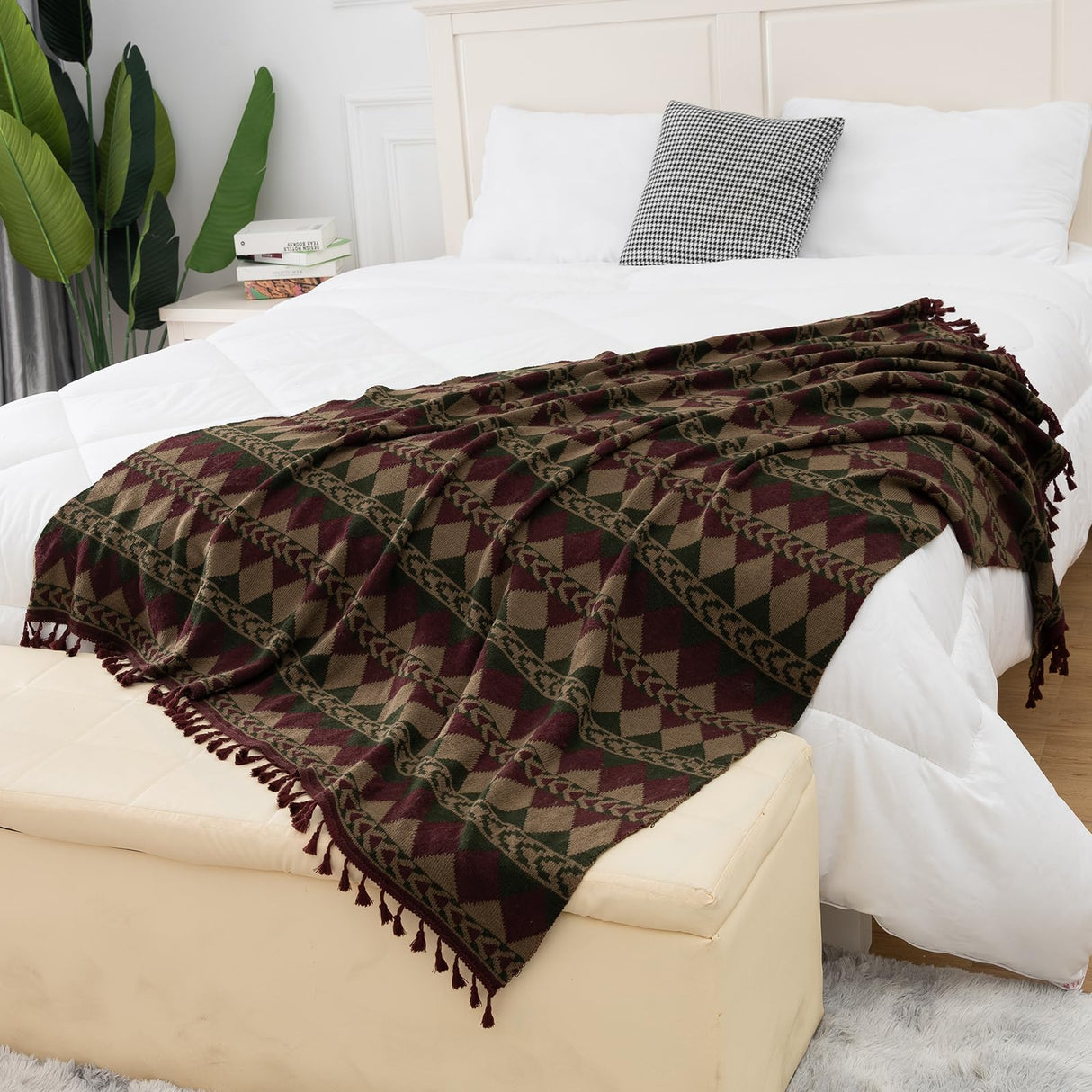 Gealaek Boho Throw Blanket Lightweight Soft Cozy Decorative Blankets for Sofa Bed Farmhouse Throw Blanket Aztec Blanket with Tassel Khaki Olive Wine Checkered 50" x 60" Gealaek