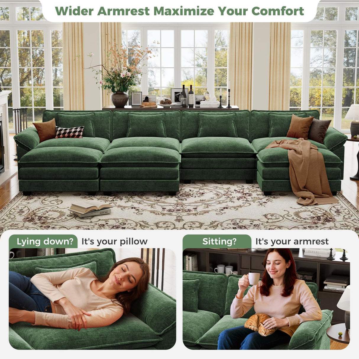 CDCASA 154" Oversized Modular Sectional Sofa, Comfy U-Shaped Cloud Couch w/ 3 Movable Ottoman, 7-Seater Chenille Deep Seat Modern Sofa Couch for Living Room, DIY Combination, Green CDCASA