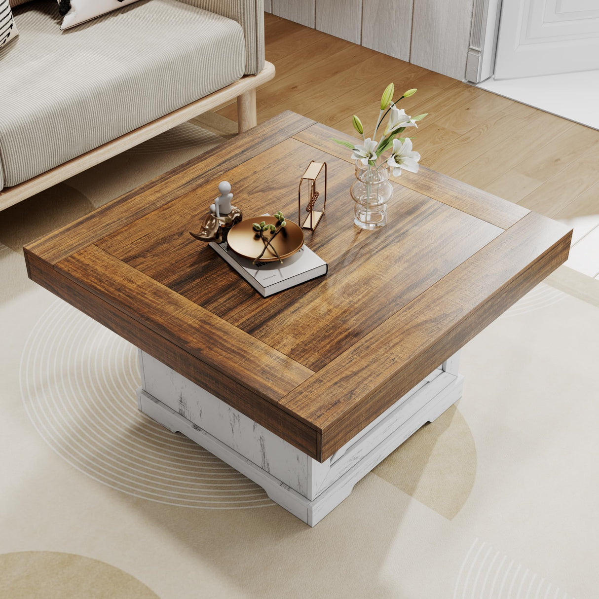 Lareth Coffee Table 31.5 in Farmhouse Center Table with X Design Wooden Pedestal for Living Room, Small Square Home Office Tea Accent Table for Dining Room Apartment, Antique White Lareth