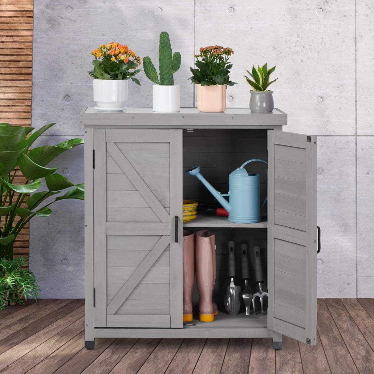 Outdoor Potting Bench with Storage Cabinet and Metal Top, Wood Workstation for Outdoor Patio, Garden (Classic Grey, 31x17x36‘’) Wood-Natrl