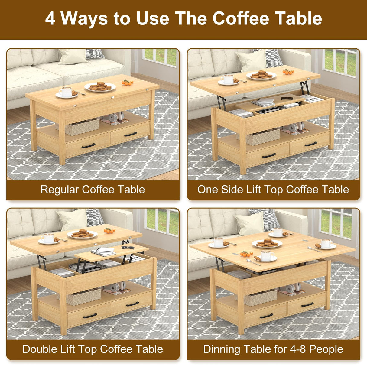 SYESWAY Lift Top Coffee Table, 3-in-1 Multifunctional Coffee Table with Drawers and Hidden Compartments, Coffee Table Converts to Dining Table, for Living Room, Dining Reception Room, Wood SYESWAY