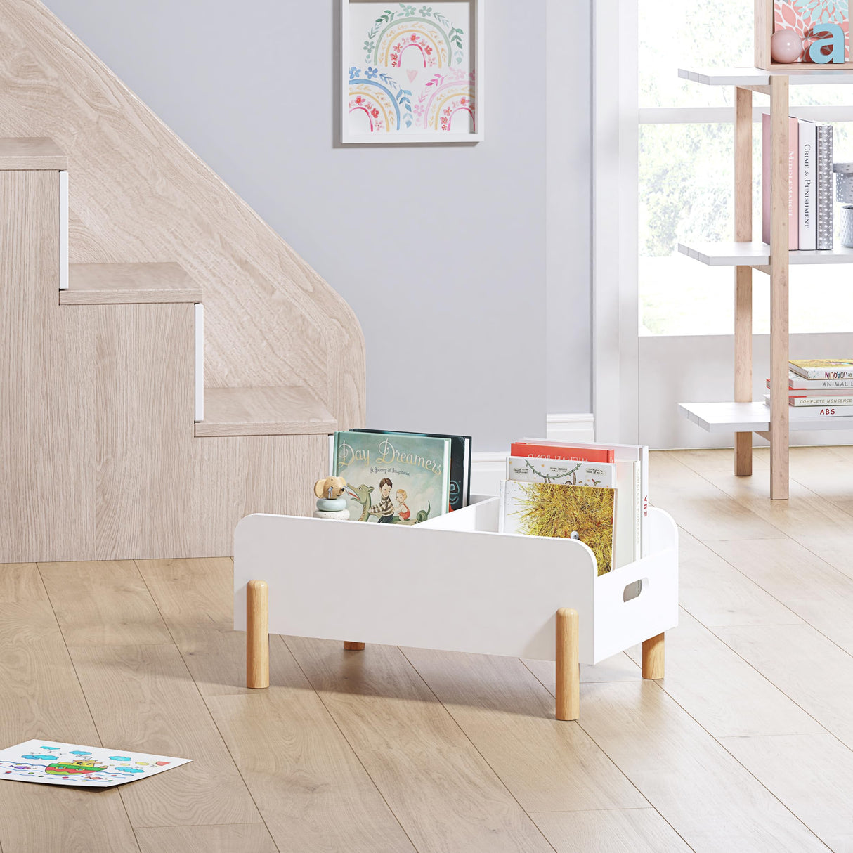 UTEX Montessori Bookshelf for Kids, Wooden Book Shelf for Kids Rooms, Toddler Book Caddy with Adjustable Divider, Floor Book Display, Baby Book Rack for Classroom Nursery UTEX