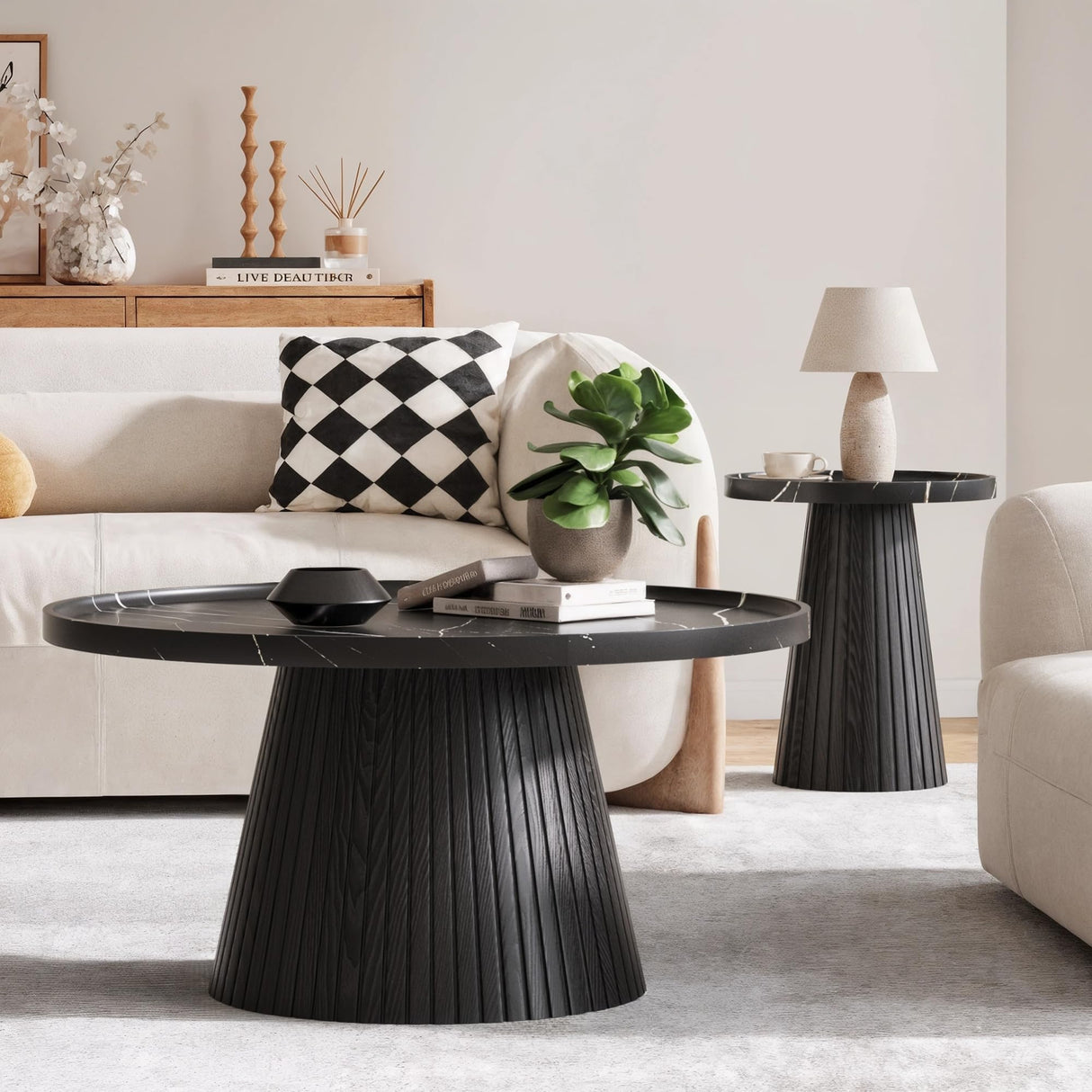 win2win Nesting Coffee Table Set of 2, Mid Century Modern Coffee Table with Marble Veneer, Fluted Round Tea Table and End Table Set, Minimalist Center Tables for Living Room, Office, Black win2win