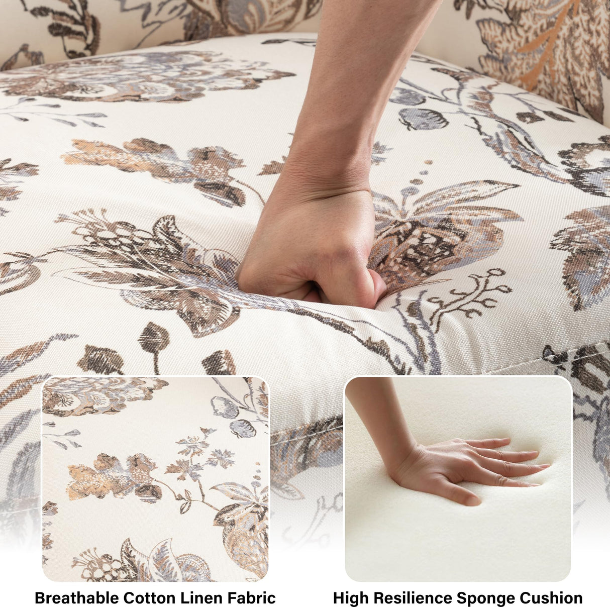 Pushback Recliner Chair, Floral Fabric Wingback Recliner Chair, Upholstered Armchair Push Back Recliner, Rivet Trim Single Sofa Accent Chair with Wood Legs for Living Room, Plants Beige Lumibee