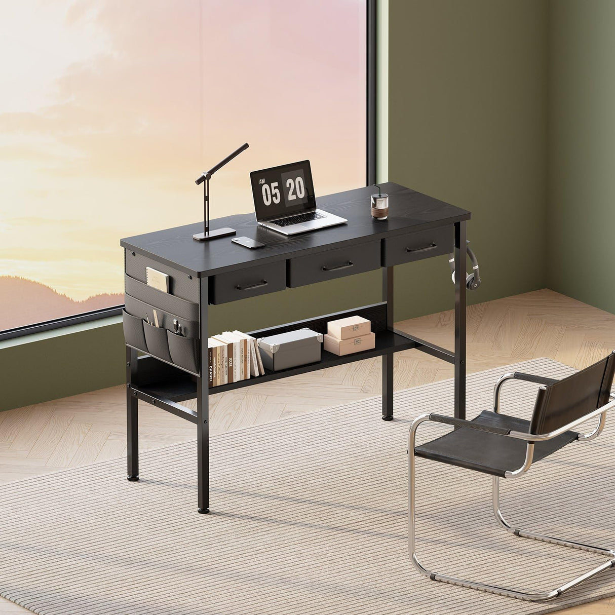 Maihail Small Desk with Drawers for Bedroom, Small Vanity Desk Without Mirror, 39.5inch, Writing Desk with Bookshelf, Computer Desk with Storage Drawers, Vanity Table no Mirror Black Maihail