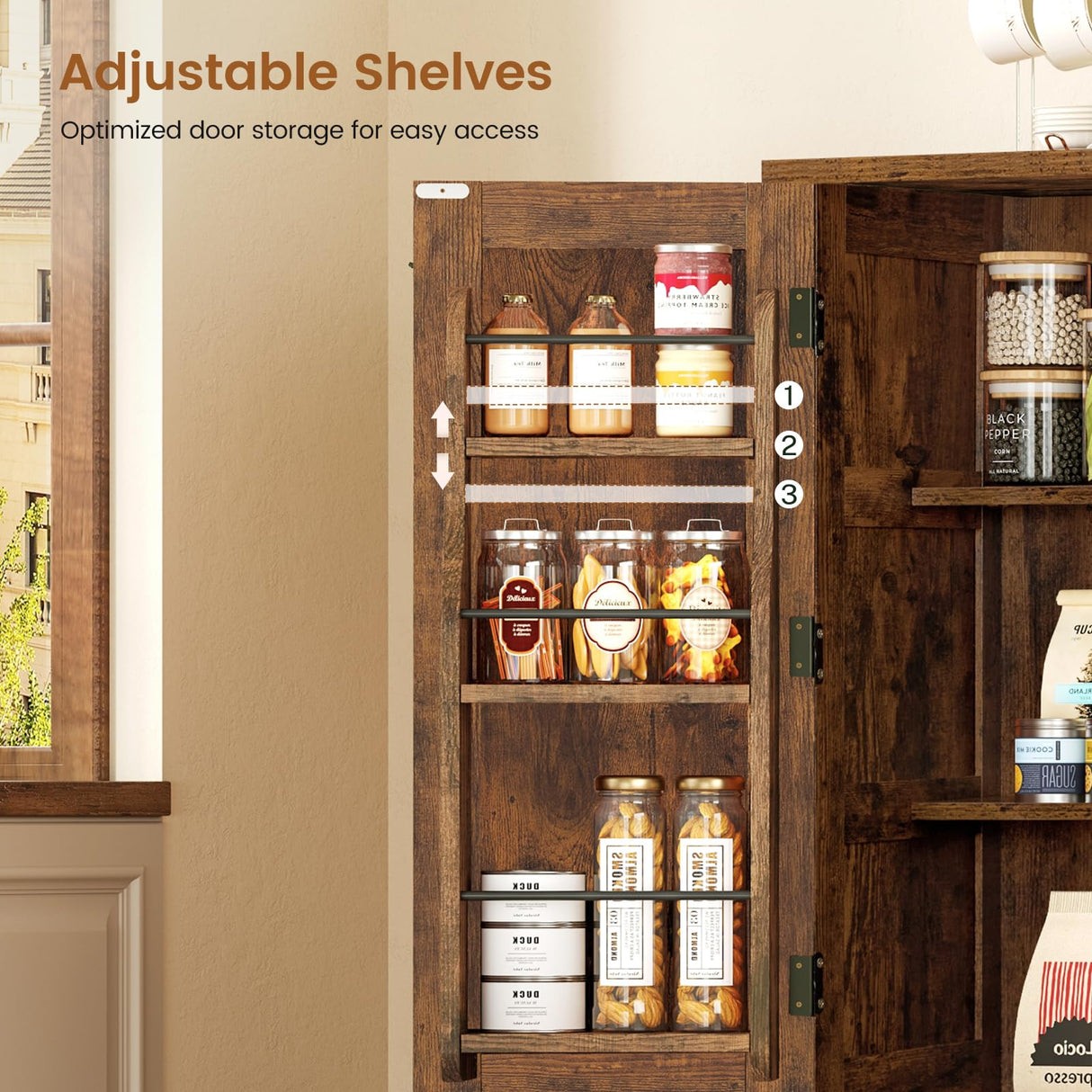 usikey Storage Cabinet with 4 Doors, 43.3" H Farmhouse Kitchen Cabinet with 6 Door Shelves, Kitchen Pantry with 3 Adjustable Shelves, for Living Room, Rustic Brown usikey