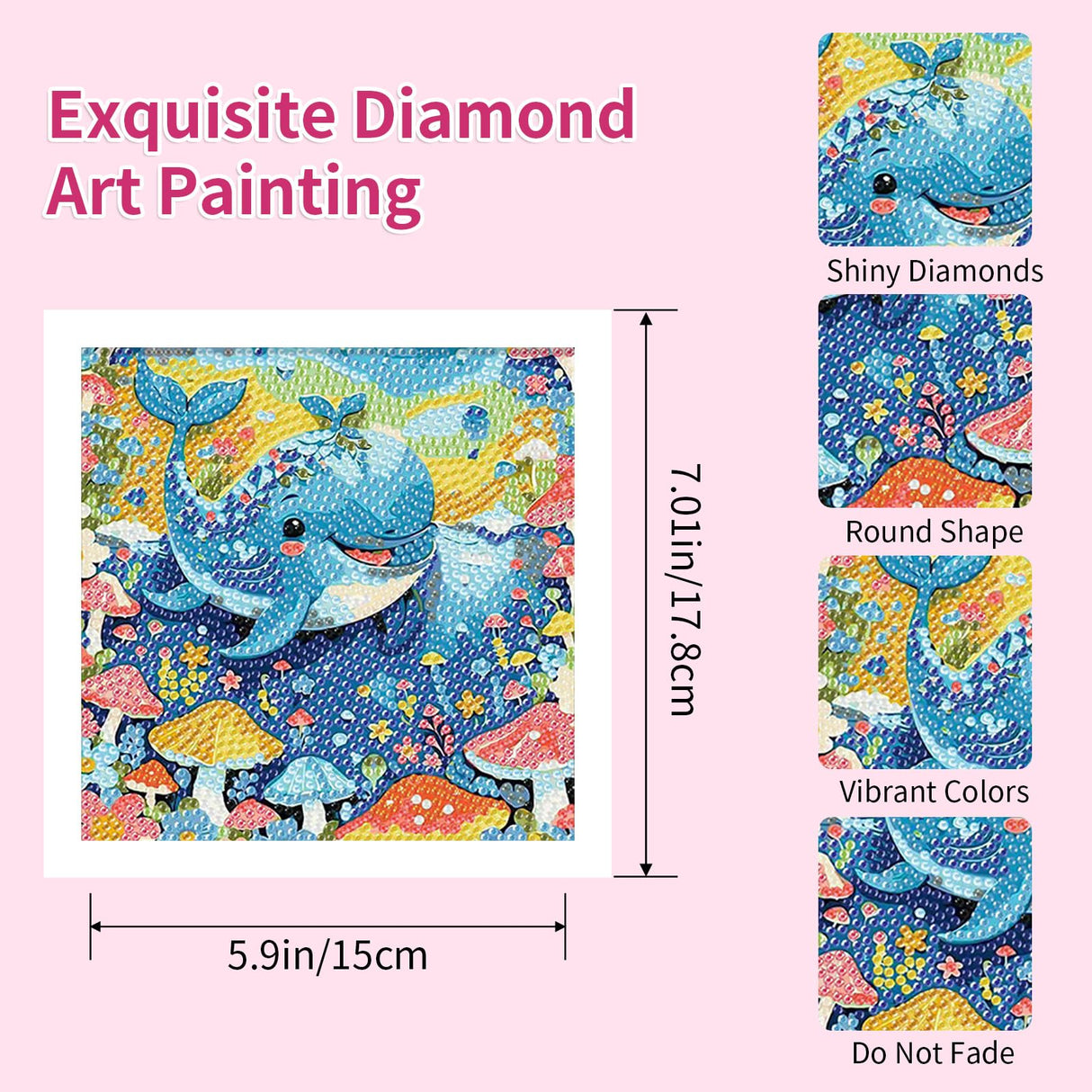 PERFECTSIGHT Cute 5D Diamond Art Kits with Wooden Frame, Kawaii DIY Painting Art for Adults Teen, Diamond Arts and Crafts Sets, Big Gem Full Drill Diamond Dots for Women Beginners (Whale) PERFECTSIGHT