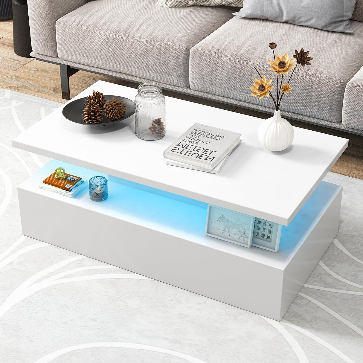 Giantex Modern LED Coffee Table - 2-Tier High Gloss Table w/Adjustable 20-Color Light, 8-Level Brightness & Speed, Remote Control, Contemporary 43.5”L Rectangular Center Table for Living Room (White) Giantex