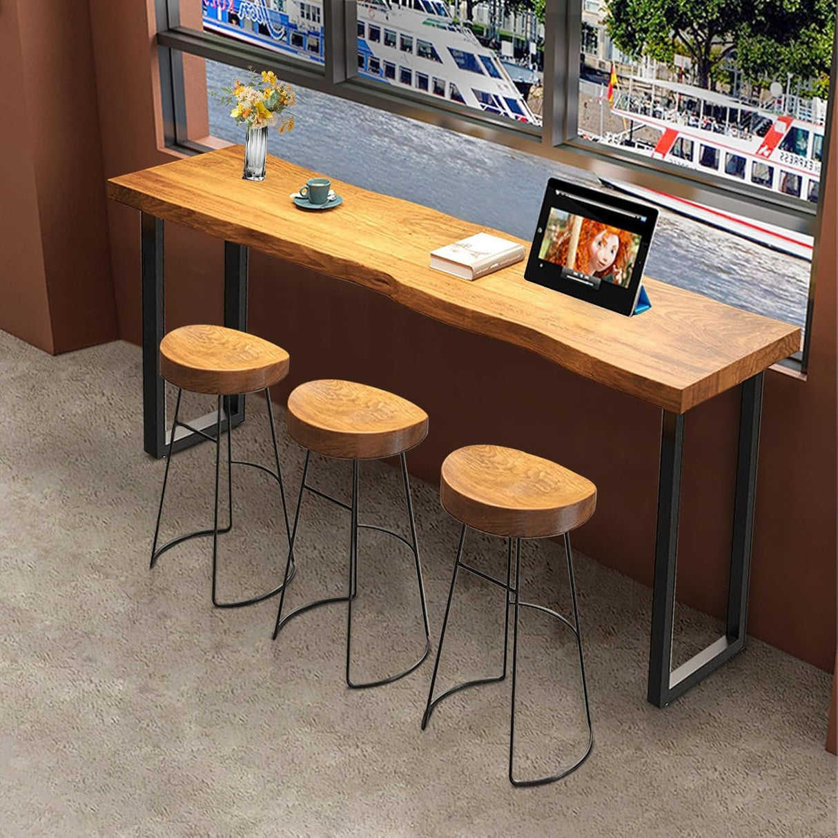 Lrxmastery Bar Table Counter Bar Height Pub Table Rectangular Wood High Top Kitchen Dining Table Rustic Tall Counter Height Table for Narrow Space Living Room Sturdy Metal Frame (55.1in) Lrxmastery