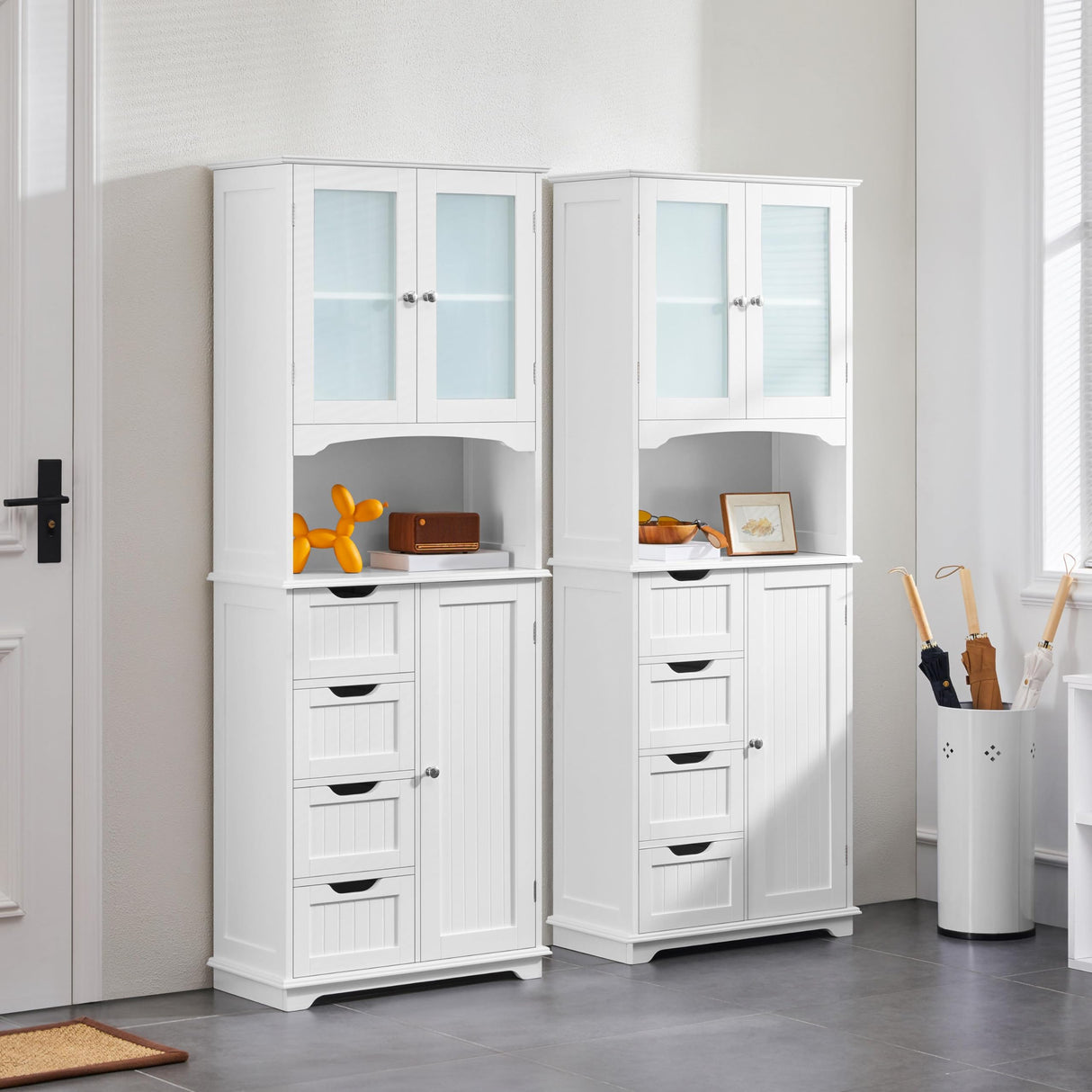 Topeakmart 65.5″ Tall Storage Cabinet Kitchen Cupboard with Glass Door Freestanding Floor Cabinet with Open Compartment, Drawer, Adjustable Shelf for Bathroom, Kitchen, Living Room Topeakmart