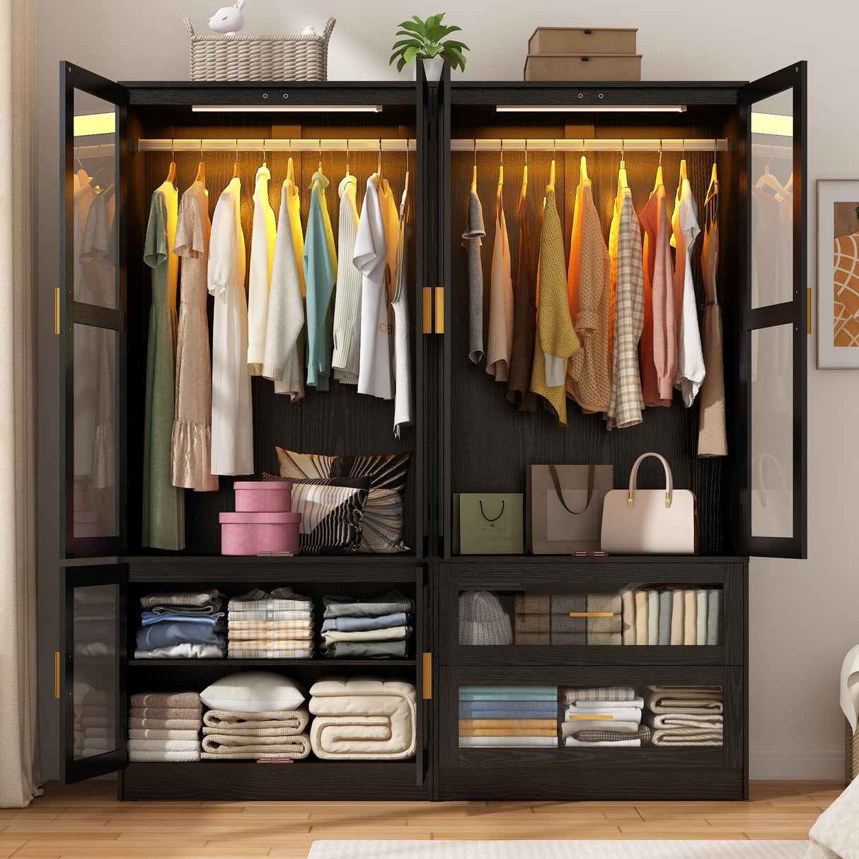 4 Doors Armoire Wardrobe Closet with LED and Mirror,71" H Freestanding Wooden Wardrobe Closet Cabinet for Bedroom w 2 Drawers,Wooden Clothing Storage Cabinet w Hanging Rod,Closets for Bedroom(Black) chartustriable