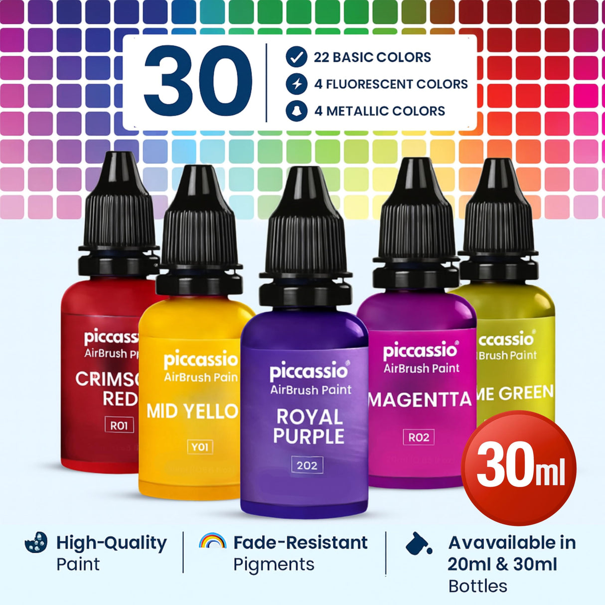 Airbrush Paint Set, 30 Water-Based, Quick-Drying Colors for Artists & Beginners, Ideal for Wood, Ceramic, Paper, Plaster, Canvas, Plastic (30 ml/bottle) Piccassio