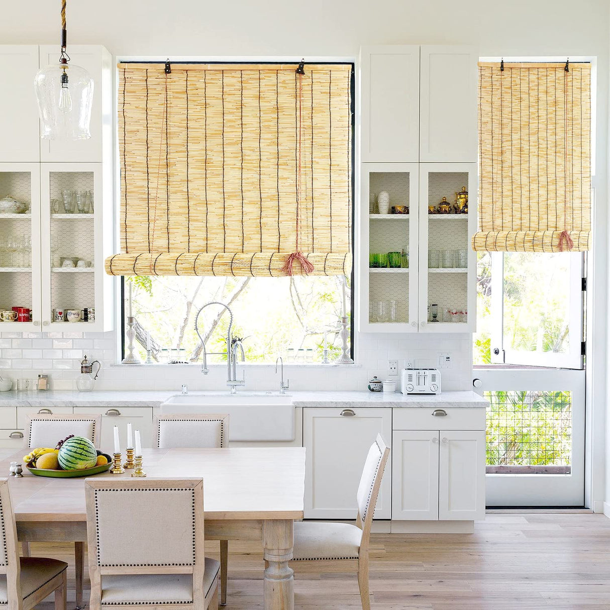 PHUSTJKL Blinds Roll Up Shade Bamboo Reed Roll Up with Lifter, Sun Protection Blackout Privacy Breathable Coffee Reed Curtains for Indoor/Outdoor, Easy to Install (Coffee-Black Line, 28x60in(WxH)) PHUSTJKL