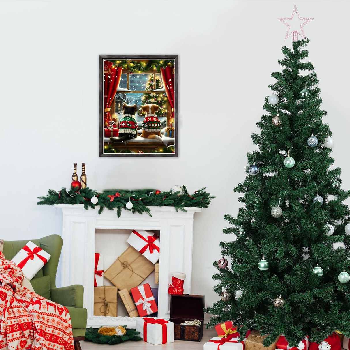 DOMROM Christmas Diamond Painting Kits, Dog and Cat 5D Diamond Art Kits,Gem Art Painting with Diamonds Dots, Arts and Crafts for Beginners Adult Wall Decor 12 x 16inch DOMROM