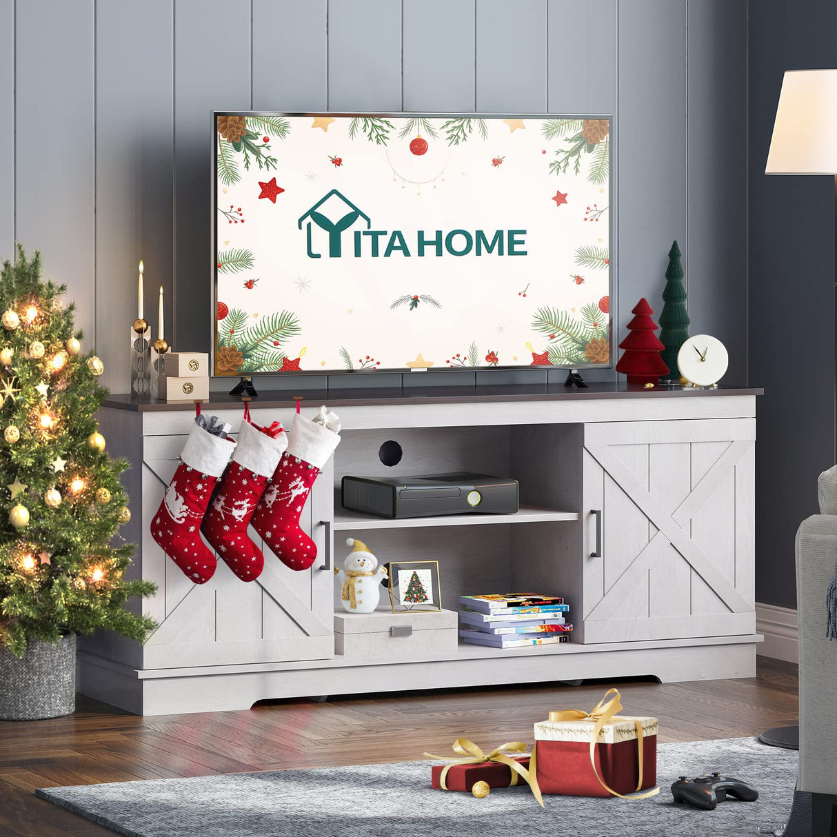 YITAHOME TV Stands for TV up to 65 Inch, Farmhouse Entertainment Center with Double Barn Doors & Storage Cabinets, Rustic TV Cabinet Media Console Table for Living Room, 59 Inches, Grey White/Espresso YITAHOME