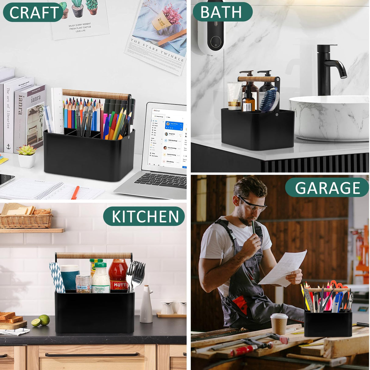 BYUNER Portable Shower Caddy Dorm: Bathroom Caddy Organizer with Handle and Adjustable Dividers,Plastic Shower Basket for Toiletry,Makeup,Vanity,Shower Storage Tote for College, Cleaning Caddy, Black BYUNER