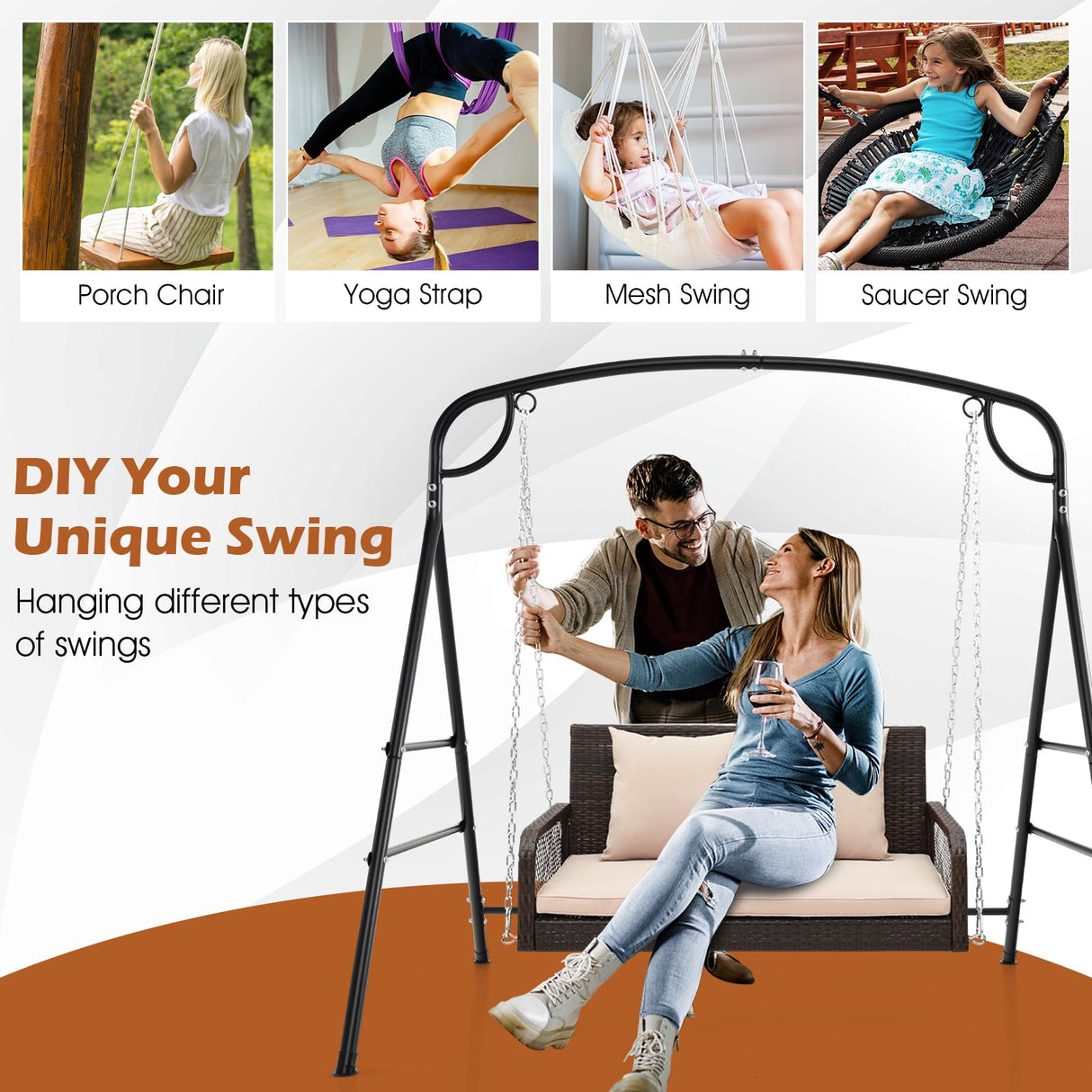 HAPPYGRILL Outdoor Swing Frame Heavy-Duty Metal Porch Swing Stand with Side Bars & 2 Rings, 660 lbs Weight Capacity, A-Frame Swing Frame for Garden, Backyard, Balcony HAPPYGRILL