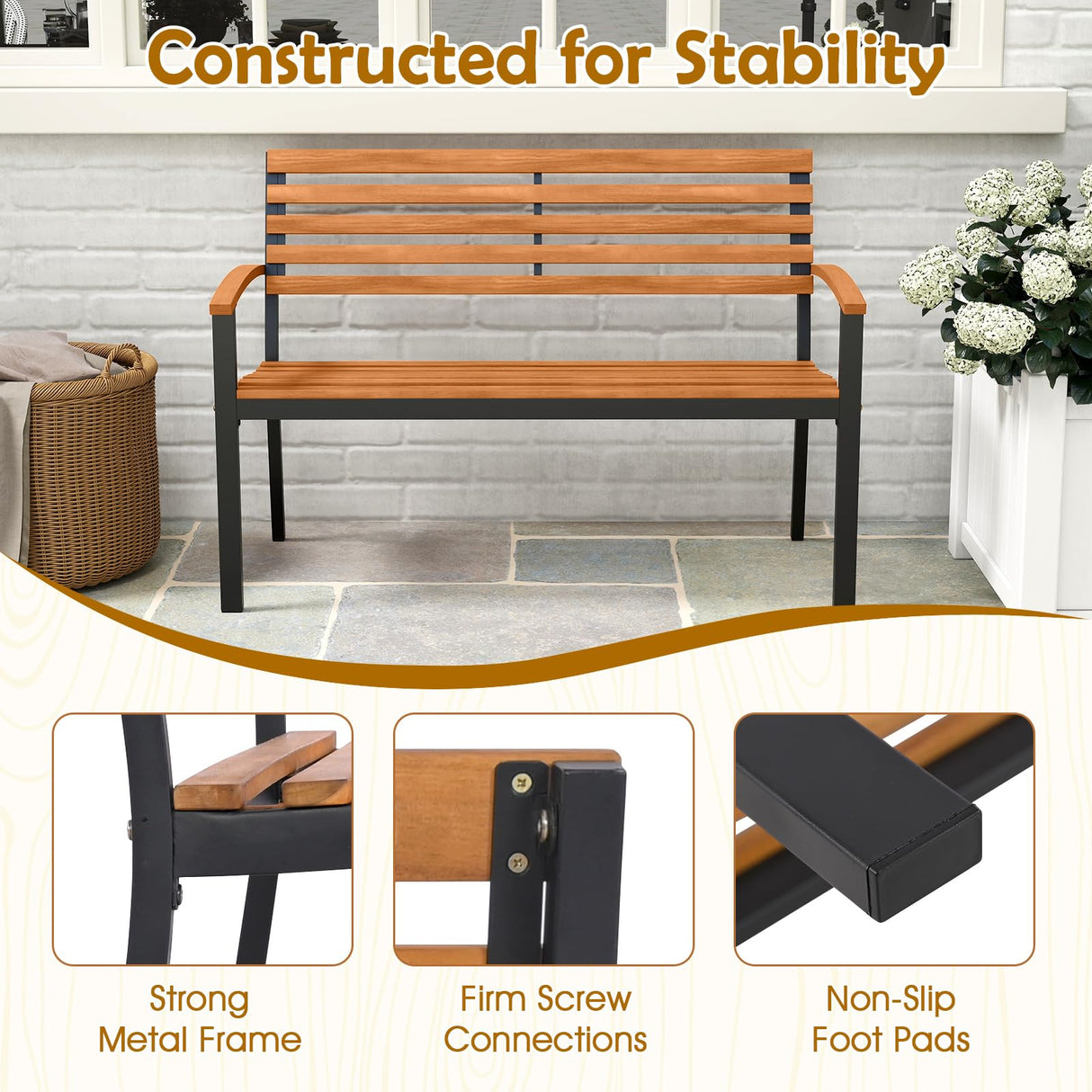 Giantex Outdoor Bench, Acacia Wood Patio Loveseat with Slatted Backrest & Seat, Armrests, Heavy Duty Metal Frame, 800 lbs Capacity, 2-Person Garden Bench for Lawn, Porch, Yard and Park Giantex