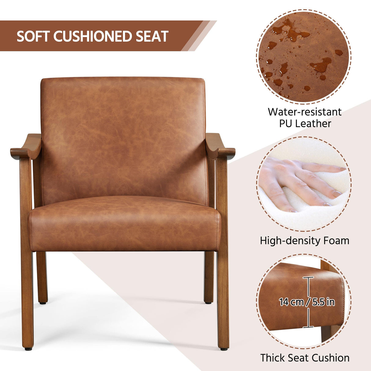 Yaheetech PU Leather Accent Chair, Mid-Century Modern Armchair with Solid Wood Legs, Reading Leisure Chair with High Back for Living Room Bedroom Waiting Room, Light Brown Yaheetech