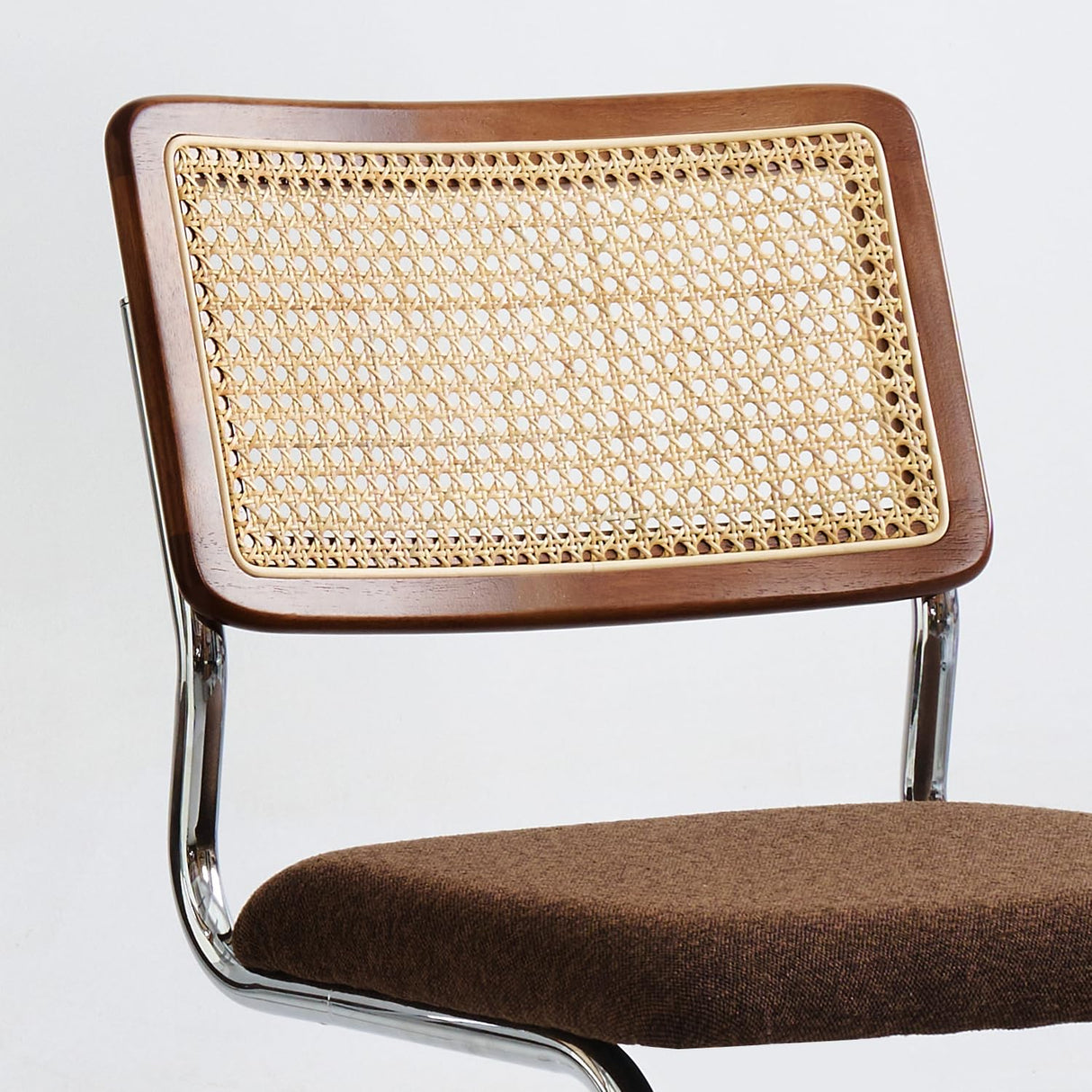 GrandNoor Brown Rattan Dining Chairs Set of 4,Wooden Mid-Century Modern Kitchen Chairs, Mesh Back Cane Dining Room Chairs, Cesca Design Chairs with Metal Chrome Legs GrandNoor