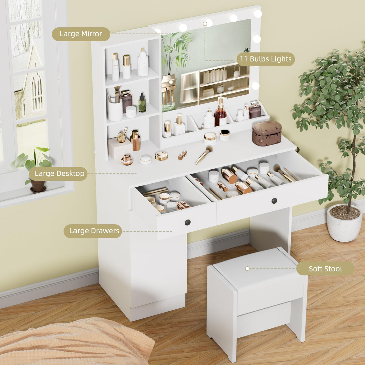 Esmlada Makeup Vanity Desk with Mirror and Lights, White Vanity Table and Chair Set with Power Outlets, 2 Drawers and 1 Cabinet for Girls Bedroom Esmlada