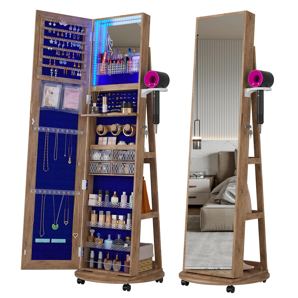 HNEBC 360° Swivel Jewelry Armoire with Mirror, LED Mirror Jewelry Cabinet Standing, Full Length Mirror with Jewelry Storage, Standing Jewelry Organizer/Lockable Wheels/Foldable Makeup Shelf (Wood) HNEBC