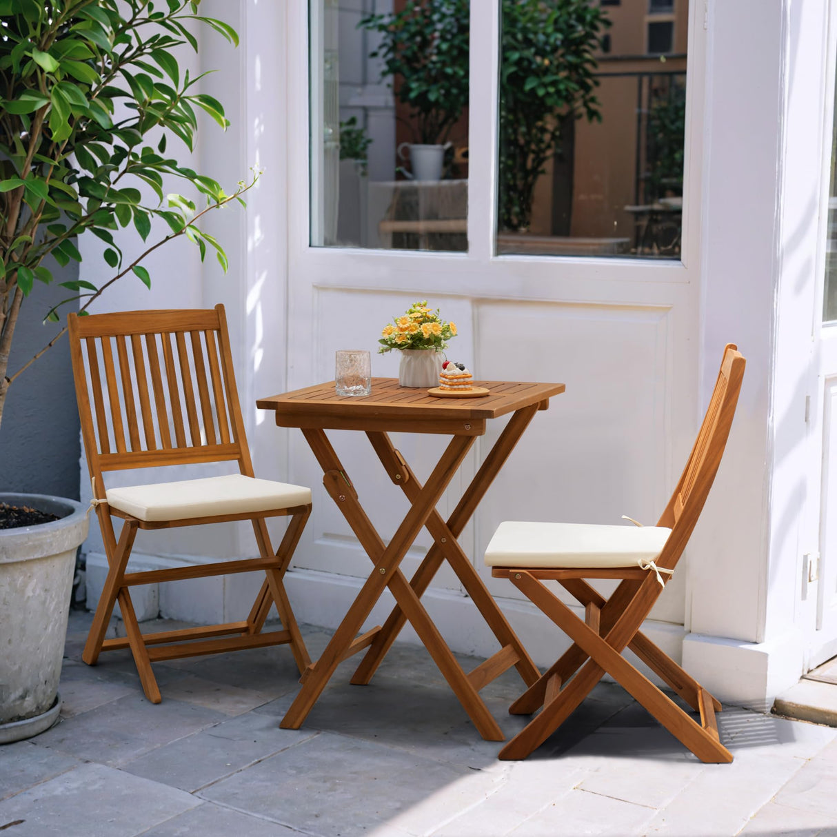 JUMMICO 3 Piece Folding Patio Chairs Outdoor Acacia Wood Bistro Set with Cushion Square Table and Chairs Porch Furniture for Balcony, Lawn, Deck JUMMICO