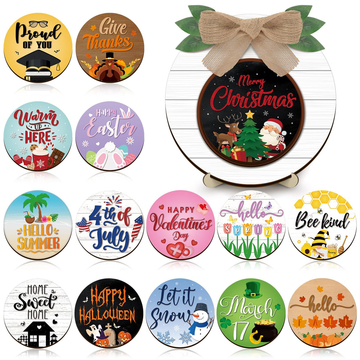 Geetery 17 Pieces Christmas Interchangeable Season Sign DIY Holiday Icons Decor with Wooden Easel Round Home Decorative with 15 Seasonal Icons Holiday Sign Set for Tabletop Fireplace Porch Decoration Geetery