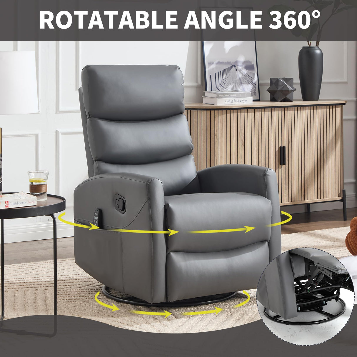 PELUMY Manual Recliner Chair with Heat & Vibration Massage, 360° Swivel Rocker Recliner with 155° Recline and Lumbar Heat, Compact Recliner for Living Room & Small Spaces (Breathable Leather, Grey) PELUMY
