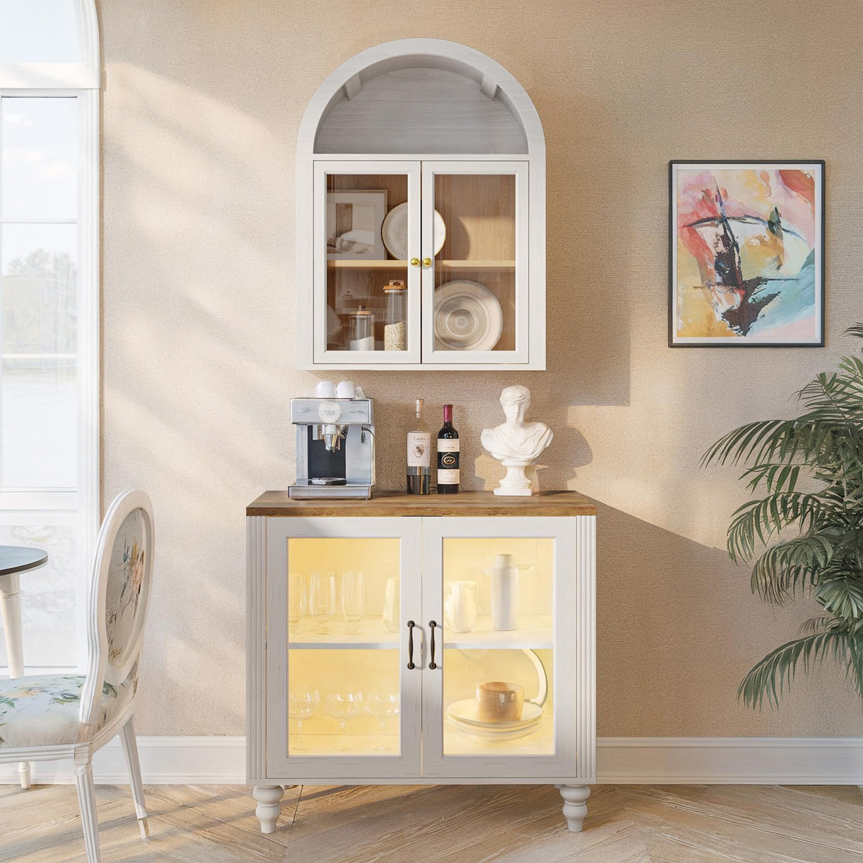 NEWOWNDS Arched Wall Cabinet,Glass Display Wall Mounted Cabinet with Tempered Glass Doors, Floating Cabinet with Adjustable Shelves for Bathroom,Living Room, Kitchen NEWOWNDS