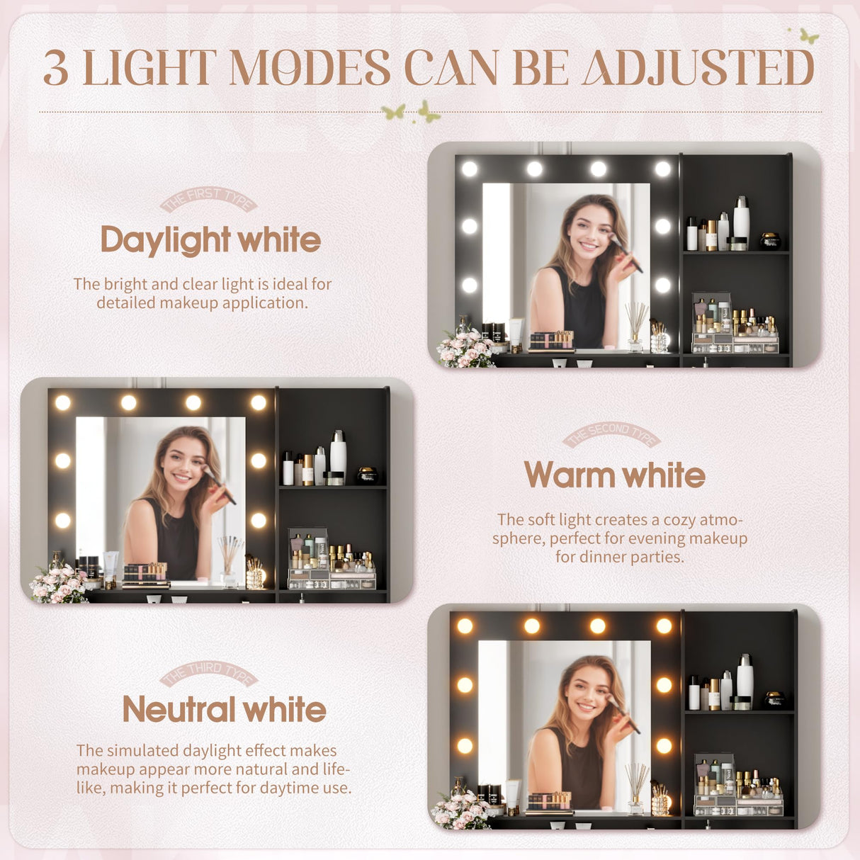 Furmax Vanity Desk with LED Lighted Mirror&Power Outlet, 39.3’’ Makeup Vanity Table with 4 Drawers and 3 Storage Shelves, Adjustable 3 Lighting Colorfor Bedroom&Dressing Room (Black) Furmax