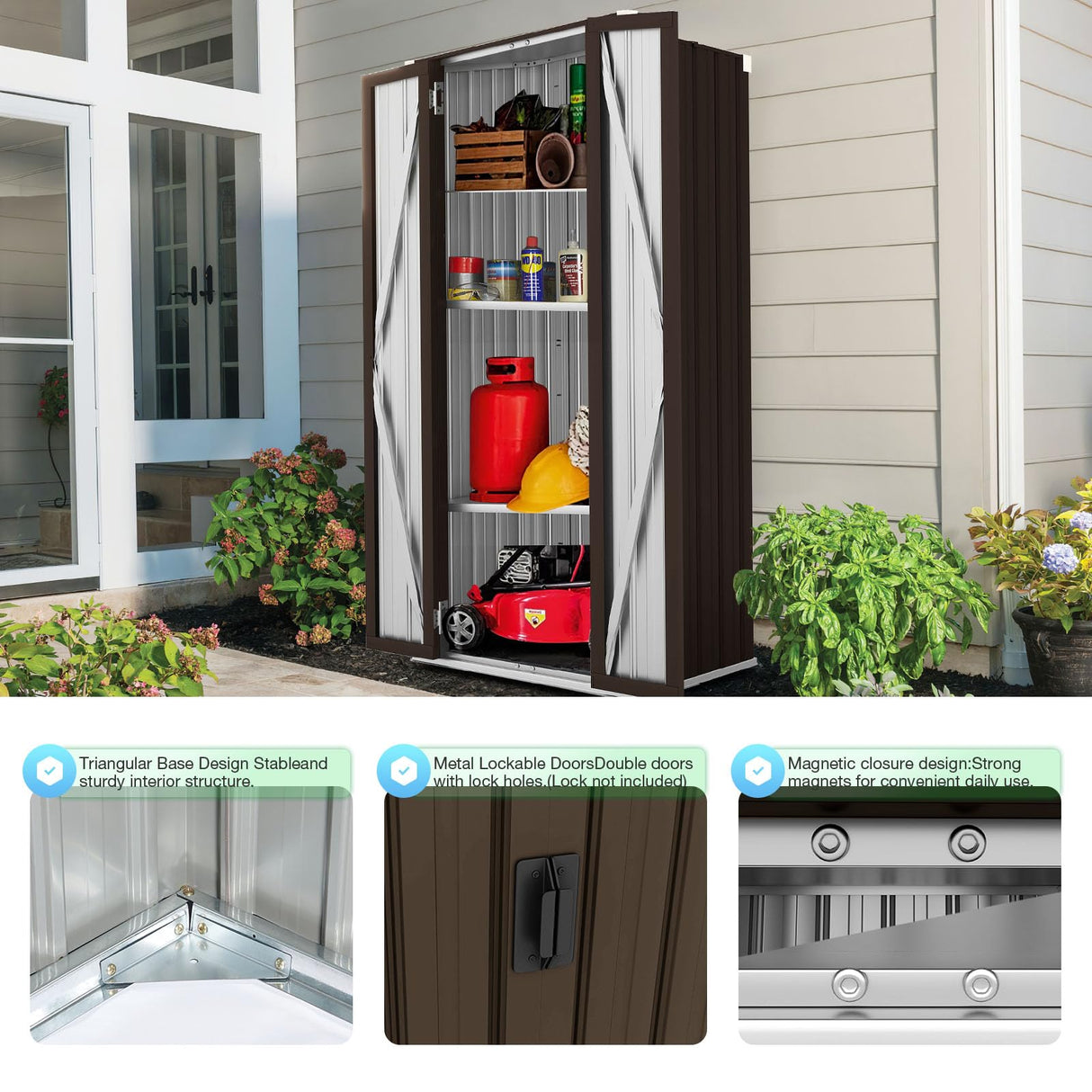 AECOJOY Outdoor Storage Cabinet Waterproof with Shelves, Vertical Tall Garden Outdoor Cabinet, Sheds & Outdoor Storage Clearance Cabinet Weatherproof for Outside in Brown AECOJOY
