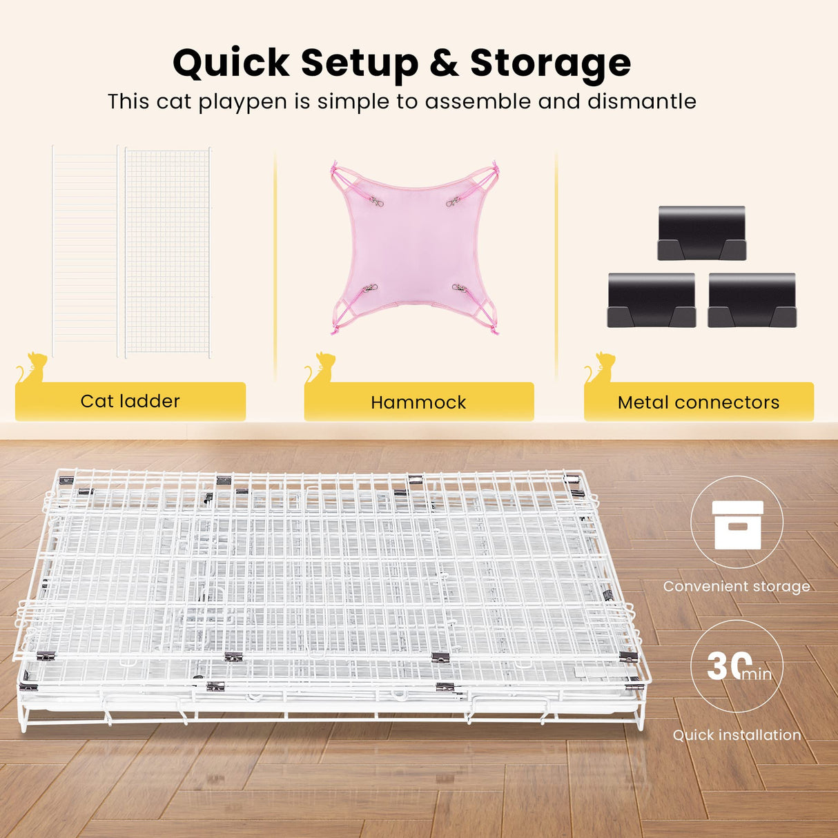 VIVOHOME 4-Tier 49 Inch Collapsible Metal Cat Kitten Ferret Cage 360° Rotating Casters Enclosure Pet Playpen with Ramp Ladders Hammock and Bed White VIVOHOME